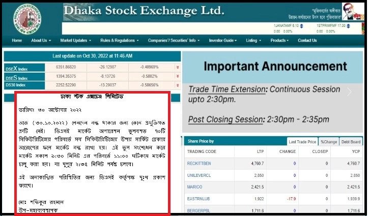 ডিএসইর ভুলে দেড় ঘন্টা পরে লেনদেন শুরু,দুঃখ প্রকাশ